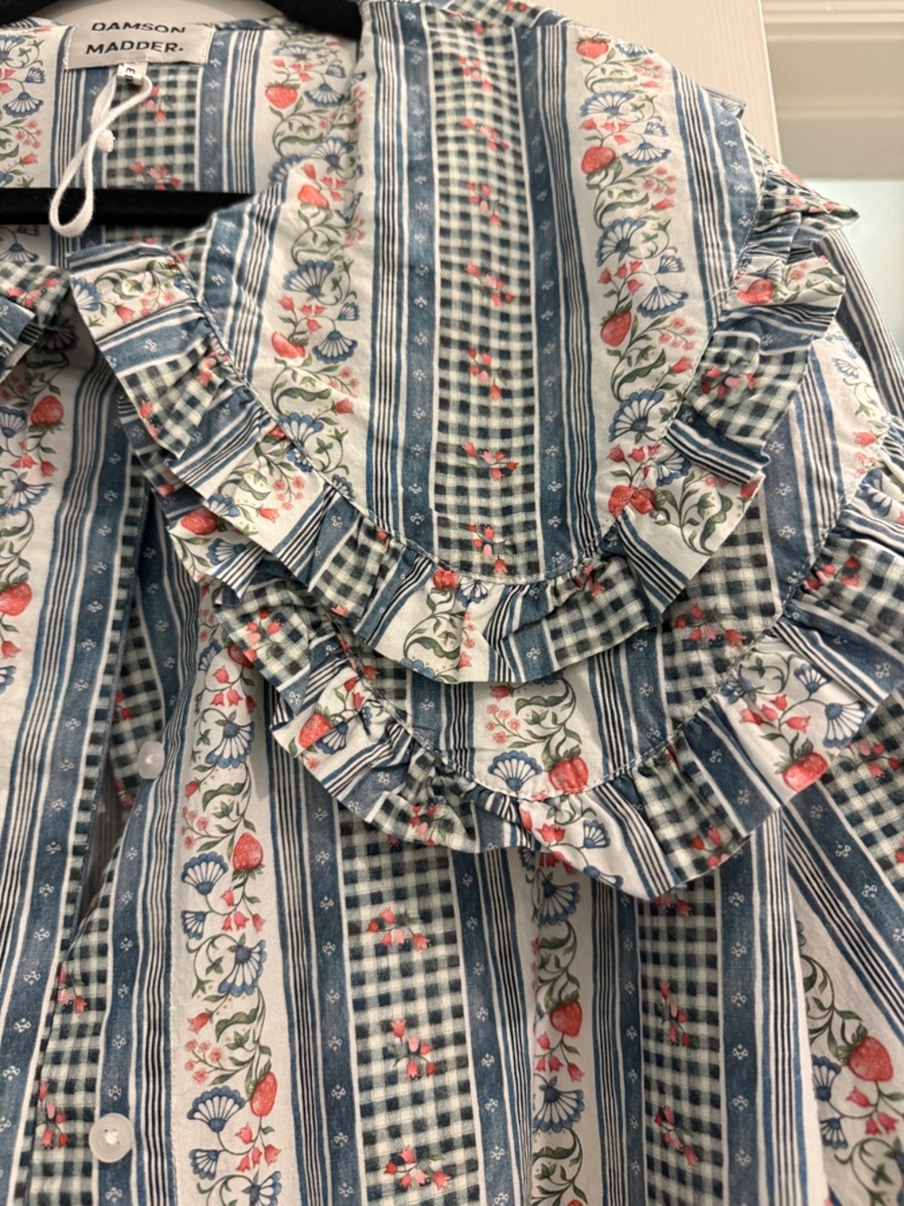Damson Madder Blue Floral Stripe Ruffle Collar Button-Up Top - Picture 3 of 5